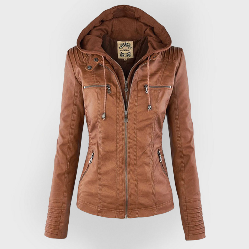 Pia Modern Leather Jacket with Hood
