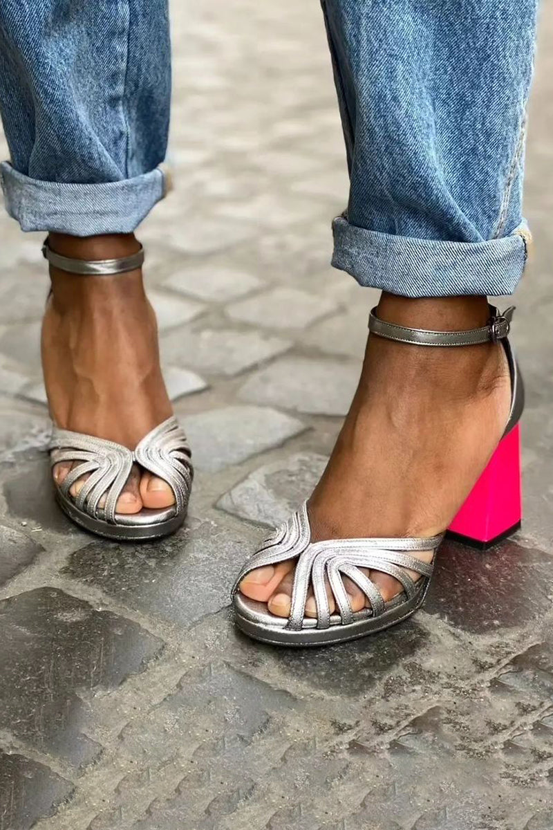 Naelle™ | Shiny sandals with chunky heel and refined buckle for an elegant style