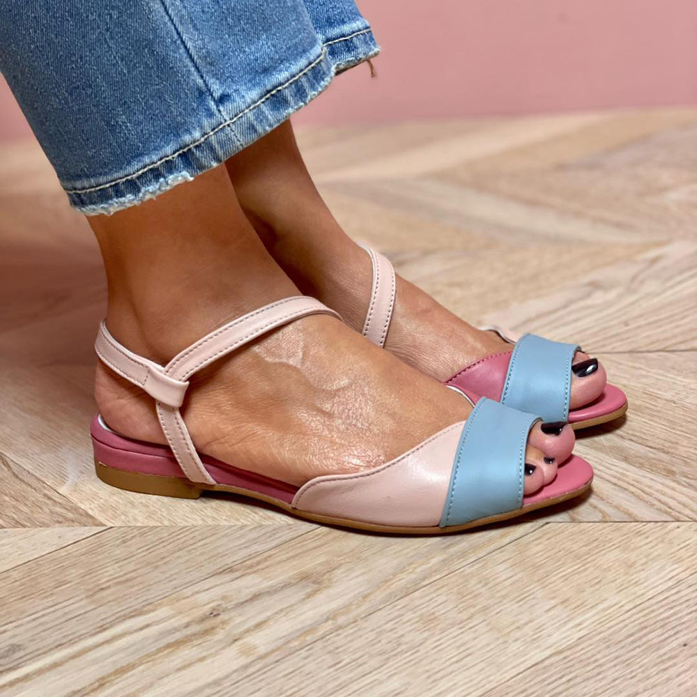 Ellela™ | Elegant asymmetric pink sandals with color block details