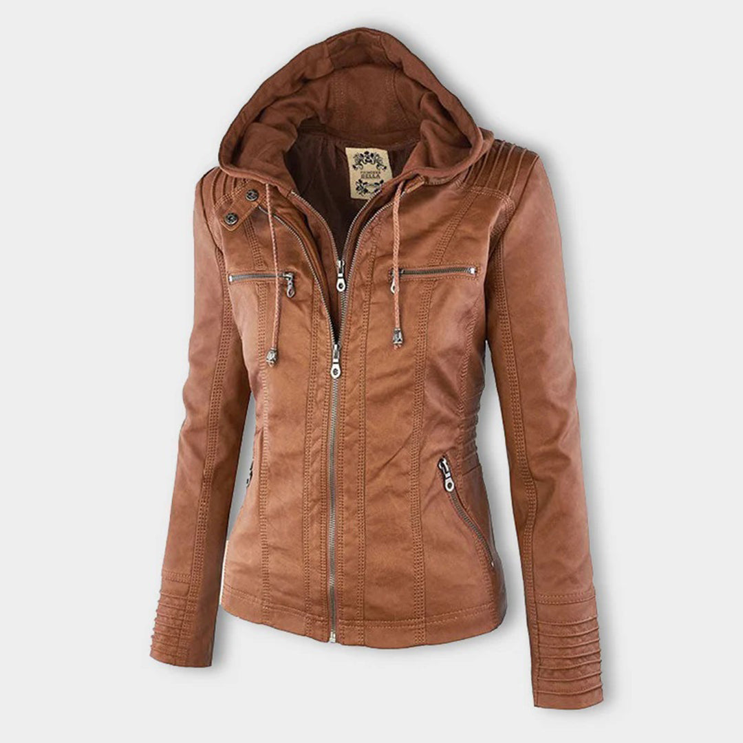 Pia Modern Leather Jacket with Hood
